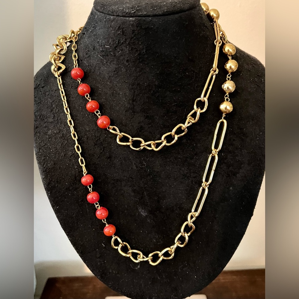 Vintage Asymmetrical Paperclip Curb Chain Necklace Red Coral Color 20”